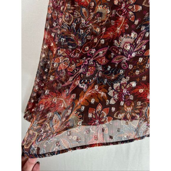 LOFT Metallic Floral Blouse Brown Red Sheer Boho Fall Top Long Sleeve Lined L - Picture 8 of 16